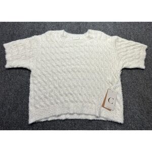 Cyrus Sweater Womens Small Ivory Fuzzy Cable Knit Short Sleeve Pullover Soft